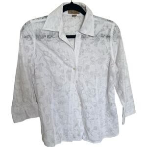 Peck & Peck White Semi Sheer Floral Jacquard 3/4 Sleeve Button Down Blouse Sz 4